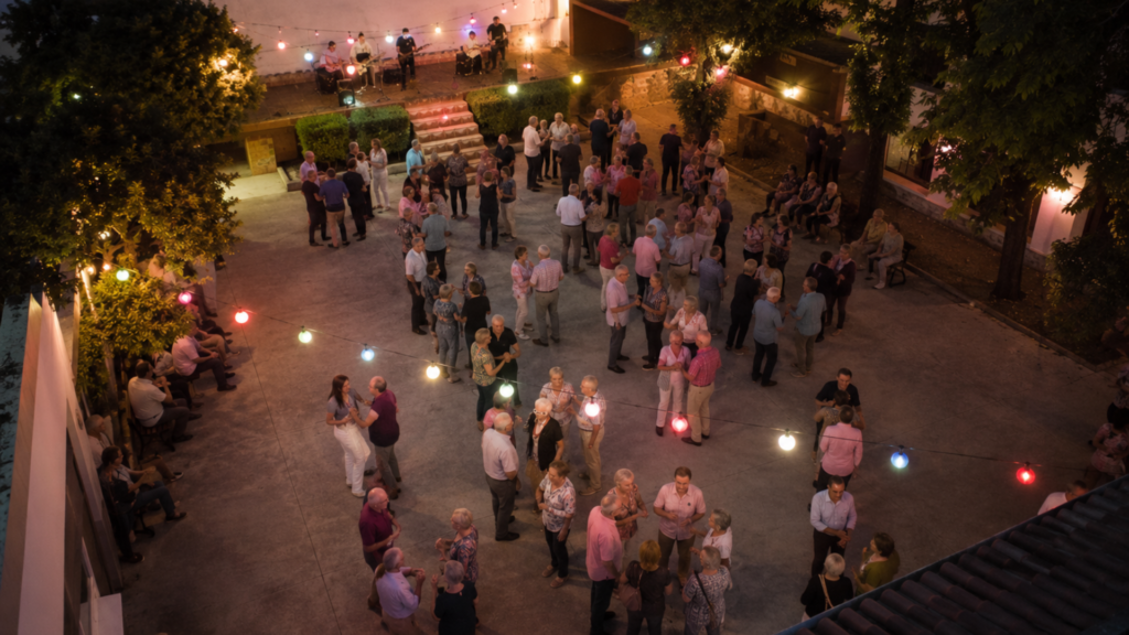 Vista aérea de una verbena solidaria al aire libre organizada por Amunt contra el Càncer, con decenas de personas disfrutando de una noche de música en directo, baile y convivencia bajo guirnaldas de luces. La imagen transmite un ambiente de participación, comunidad y solidaridad, reflejando cómo este tipo de encuentros sociales ayudan a recaudar fondos para la investigación contra el cáncer y fortalecen el apoyo mutuo entre vecinos y familias.