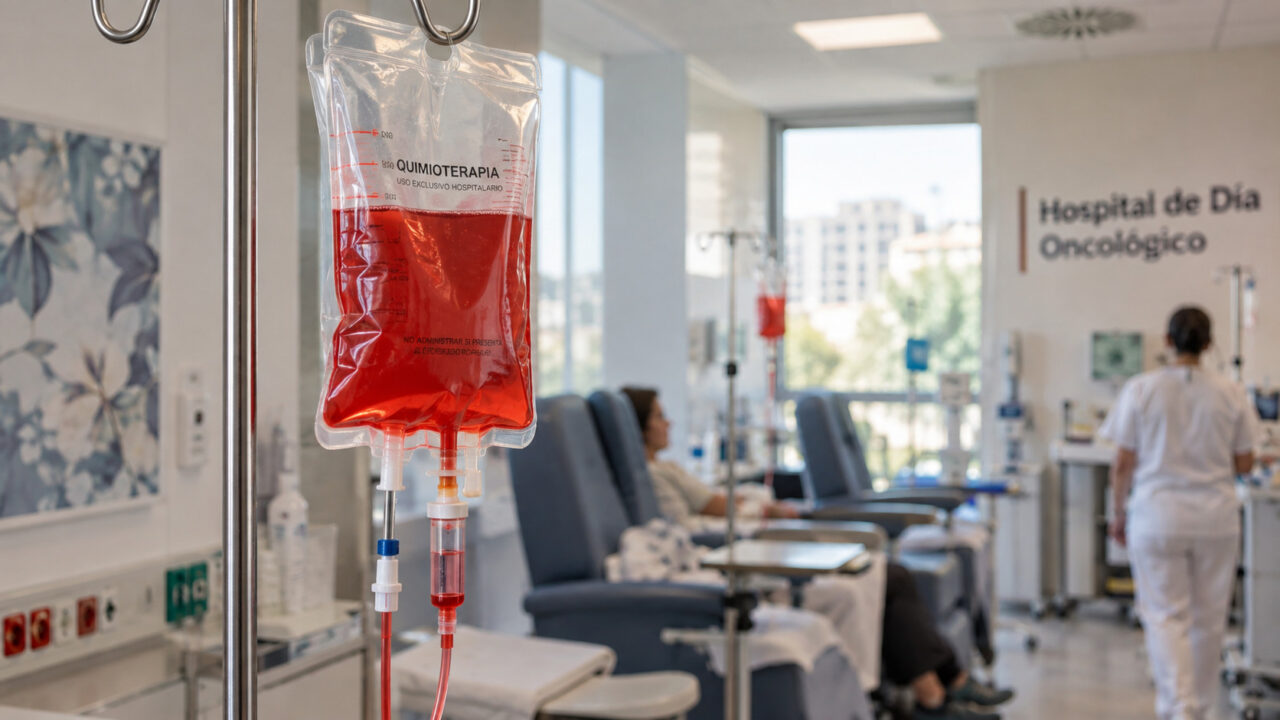 Primer plano de una bolsa de infusión con líquido rojo brillante, etiquetada como "QUIMIOTERAPIA", utilizada en el tratamiento de la quimioterapia roja.