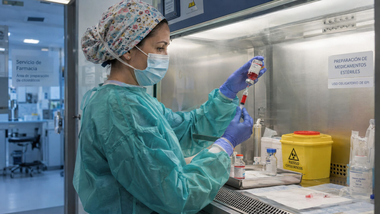Una farmacéutica hospitalaria en una sala de preparación estéril, usando EPI, extrae un medicamento rojo de un vial, parte del proceso de preparación de la quimioterapia roja.