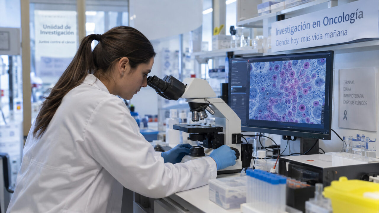 Una investigadora de laboratorio examina muestras de células bajo un microscopio, con una imagen de células cancerosas teñidas de rojo en el monitor de su ordenador, contribuyendo al desarrollo de la quimioterapia roja.