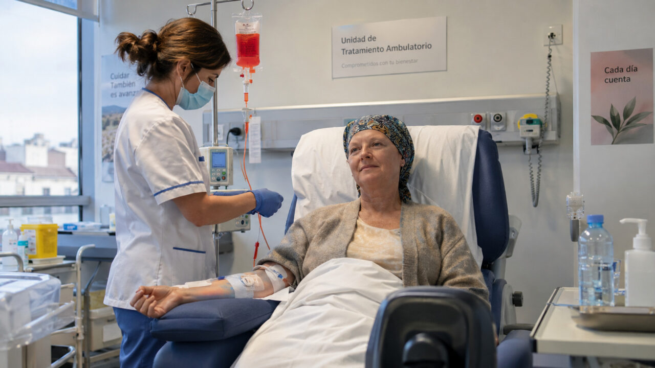 Una enfermera ajusta una vía intravenosa que administra un medicamento de color rojo intenso, conocido como quimioterapia roja, a una paciente sentada en un sillón reclinable en la unidad de tratamiento ambulatorio.