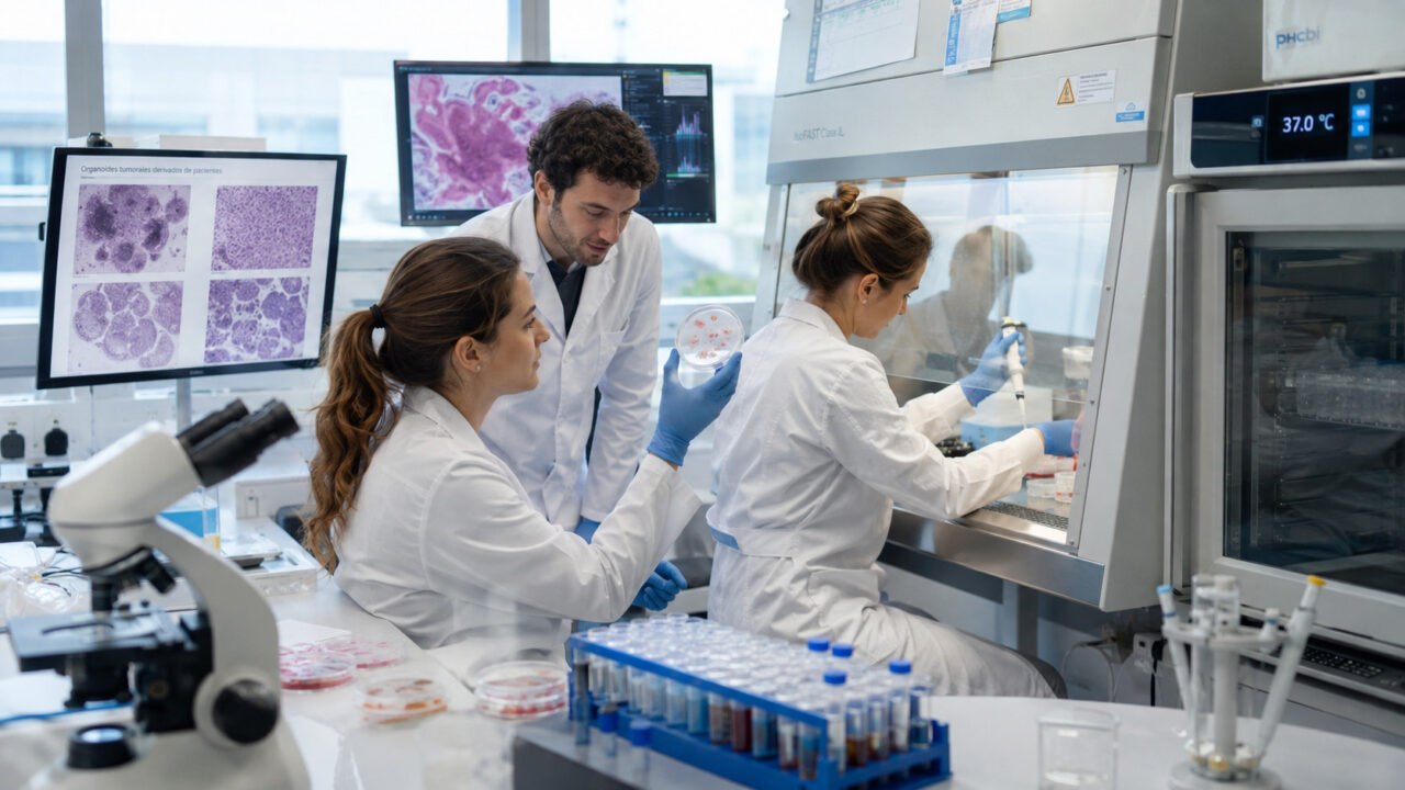 Tres científicos con batas de laboratorio trabajan en colaboración en un laboratorio de investigación biomédica; dos de ellos observan una placa de cultivo de organoides mientras que un tercero trabaja dentro de una campana de flujo laminar, rodeados de equipos de microscopía y pantallas que muestran datos e imágenes de biopsias de modelos tumorales.