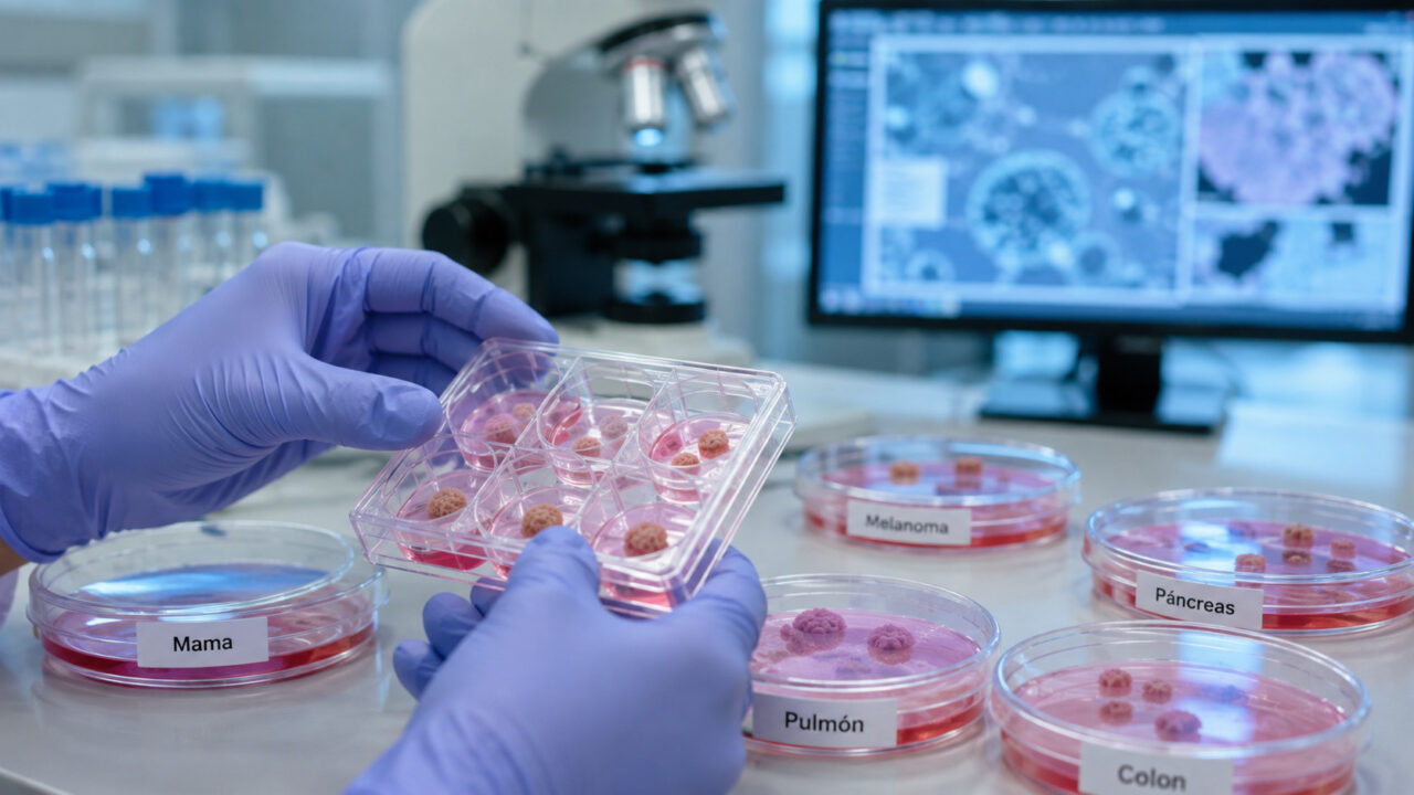 Primer plano de unas manos con guantes sosteniendo una placa de pocillos de laboratorio que contiene múltiples organoides rosados tridimensionales, identificados como modelos tumorales derivados de pacientes para distintos tipos de cáncer, incluidos Mama, Pulmón, Melanoma, Páncreas y Colon, con un microscopio y una pantalla de datos de fondo.