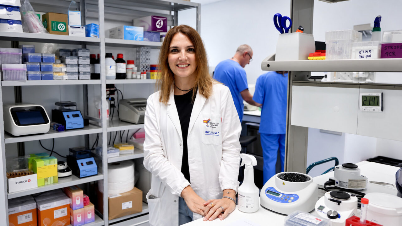 Retrato de pie de la Dra. Noelia Tarazona, investigadora del INCLIVA, sonriendo a la cámara en un laboratorio equipado con estanterías de material y equipos, con colegas trabajando al fondo. Lleva bata blanca con los logotipos de la Generalitat Valenciana e INCLIVA. Ilustra la noticia del blog de Amunt sobre biopsia líquida.