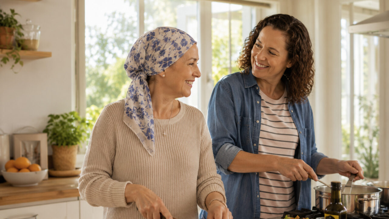 Dos mujeres cocinan juntas en una cocina luminosa. Una lleva un pañuelo en la cabeza y ríe con su amiga, disfrutando de la calidad de vida y el apoyo social