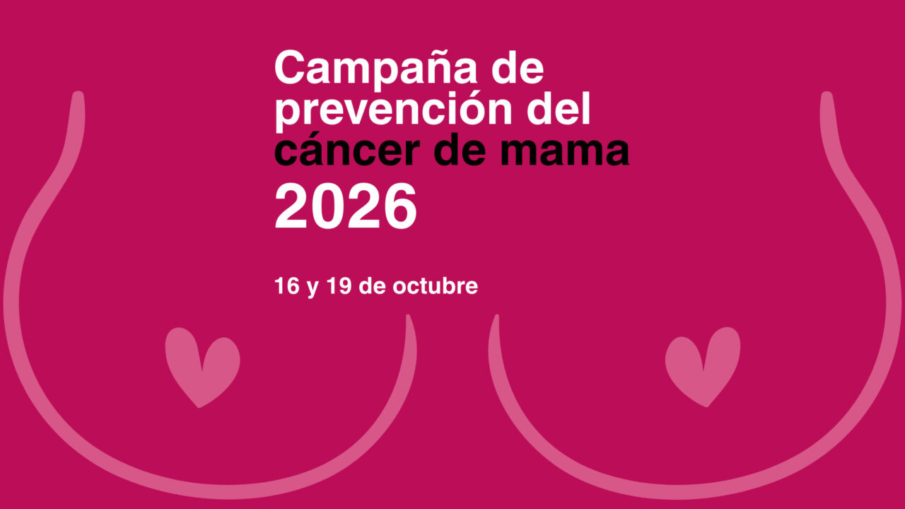 Cartel fucsia de la "Campaña de prevención del cáncer de mama en la Marina Alta 2026" con texto en blanco y fuchsia, presentando gráficos lineales de dos senos femeninos, cada uno con un corazón fucsia en su interior, y dos líneas curvas abstractas superpuestas. El texto dice: "Campaña de prevención del cáncer de mama 2026", con la línea de 'cáncer de mama' en fucsia y el resto en blanco. Debajo, en blanco, "16 y 19 de octubre". El cartel tiene una orientación paisajística y un diseño limpio y profesional.