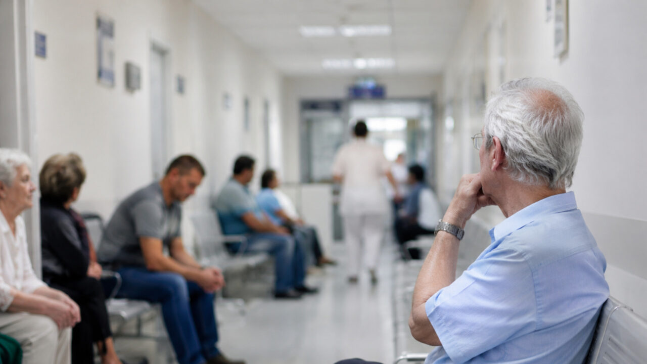 Una mujer sentada en una sala de espera médica sosteniendo una carpeta de documentos, su expresión concentrada subraya la importancia del empoderamiento y la participación activa en las decisiones de atención sanitaria, garantizados por los derechos de los pacientes.