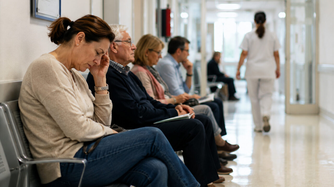 Pacientes sentados en la sala de espera de un hospital, con una mujer en primer plano visiblemente preocupada. Esta escena ilustra la realidad de las listas de espera y la necesidad de conocer los derechos de los pacientes, tema clave en la guía de Amunt contra el Cáncer.