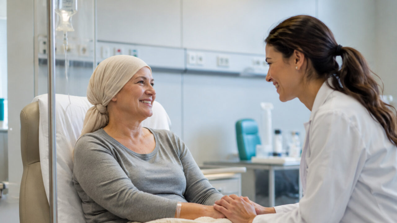 Médica sonriendo y sosteniendo la mano de una paciente con pañuelo en la cabeza durante el proceso de remisión del cáncer.