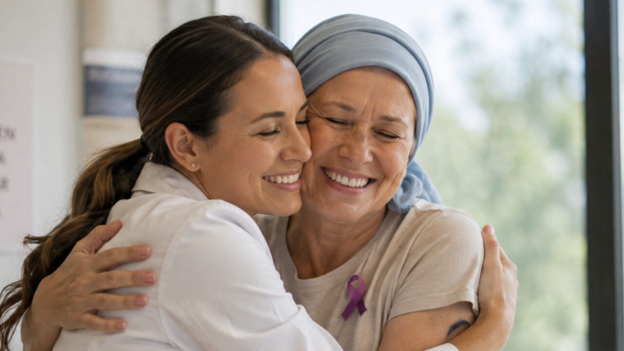 Doctora y paciente abrazándose emotivamente para celebrar una buena noticia médica sobre la remisión del cáncer.