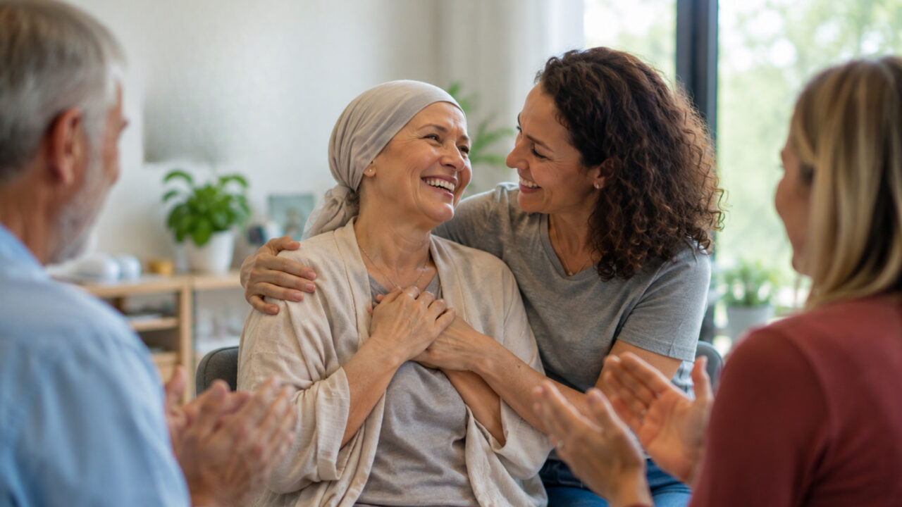 Grupo de apoyo aplaudiendo a una mujer sonriente con pañuelo oncológico en señal de alegría por su remisión del cáncer.