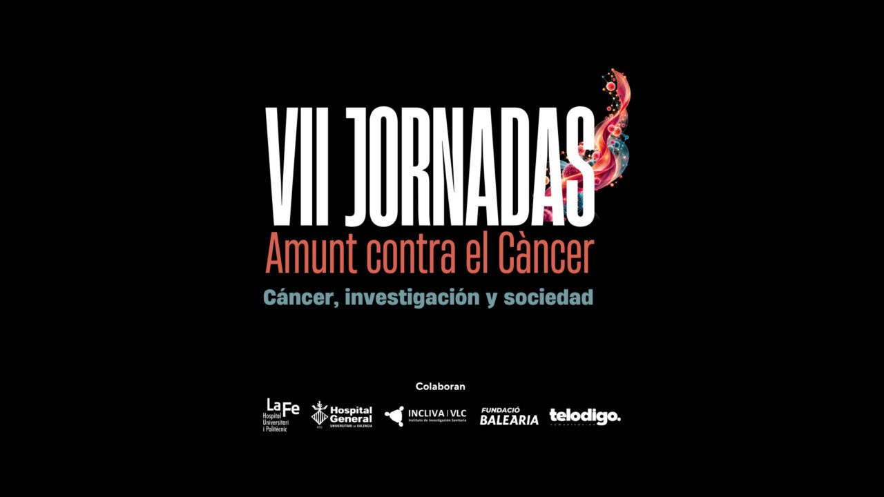 Cartel oficial de las VII Jornadas Amunt contra el Càncer, bajo el lema «Cáncer, investigación y sociedad». Diseño sobre fondo negro con grandes letras blancas, tipografía coral y una doble hélice de ADN multicolor. En la parte inferior aparecen los logotipos de las entidades colaboradoras: Hospital La Fe, Hospital General, INCLIVA, Fundación Baleària y Telodigo.